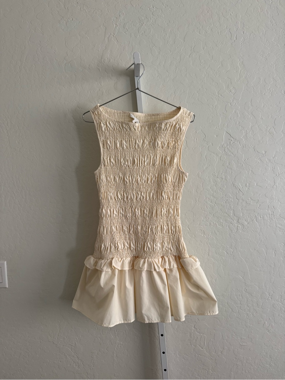 Cream Smocked Sleeveless Mini Dress with Ruffled Hem